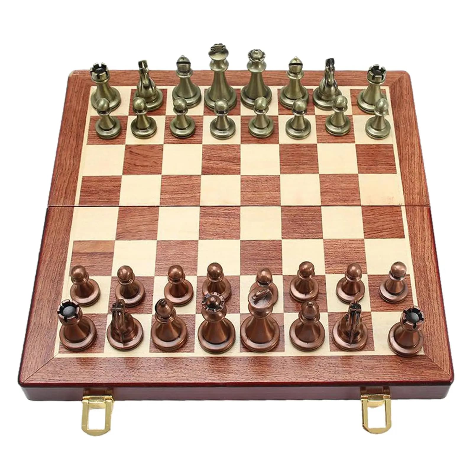 Large Folding Chessboard Wood and Metal Set Antique Copper Brass Pieces Portable Box for International Chess Travel