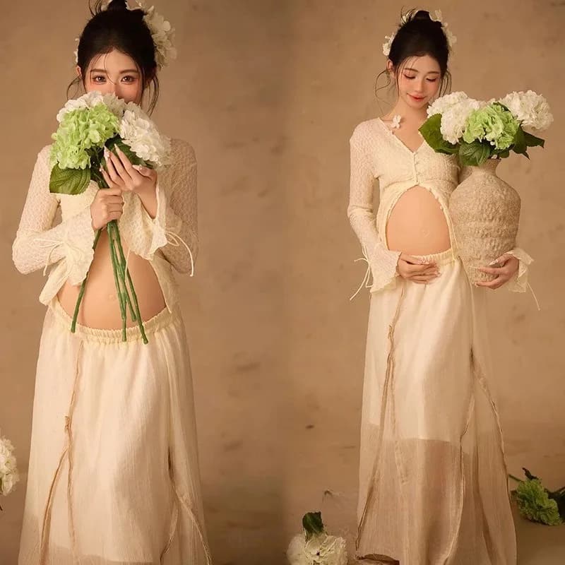 Women Photography Props Maternity White Elegant Pregant Split Top with Skirt Pregnancy Dresses Studio Photo Shoot Photo Clothes