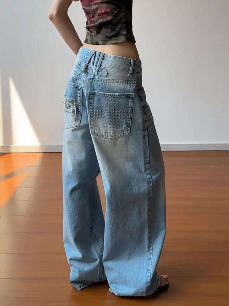 Loose Lazy American Style Hot Girl Jeans Women Summer New Vintage Rivet Hole Floor-Length Pants Relaxed Feeling Natural Waist