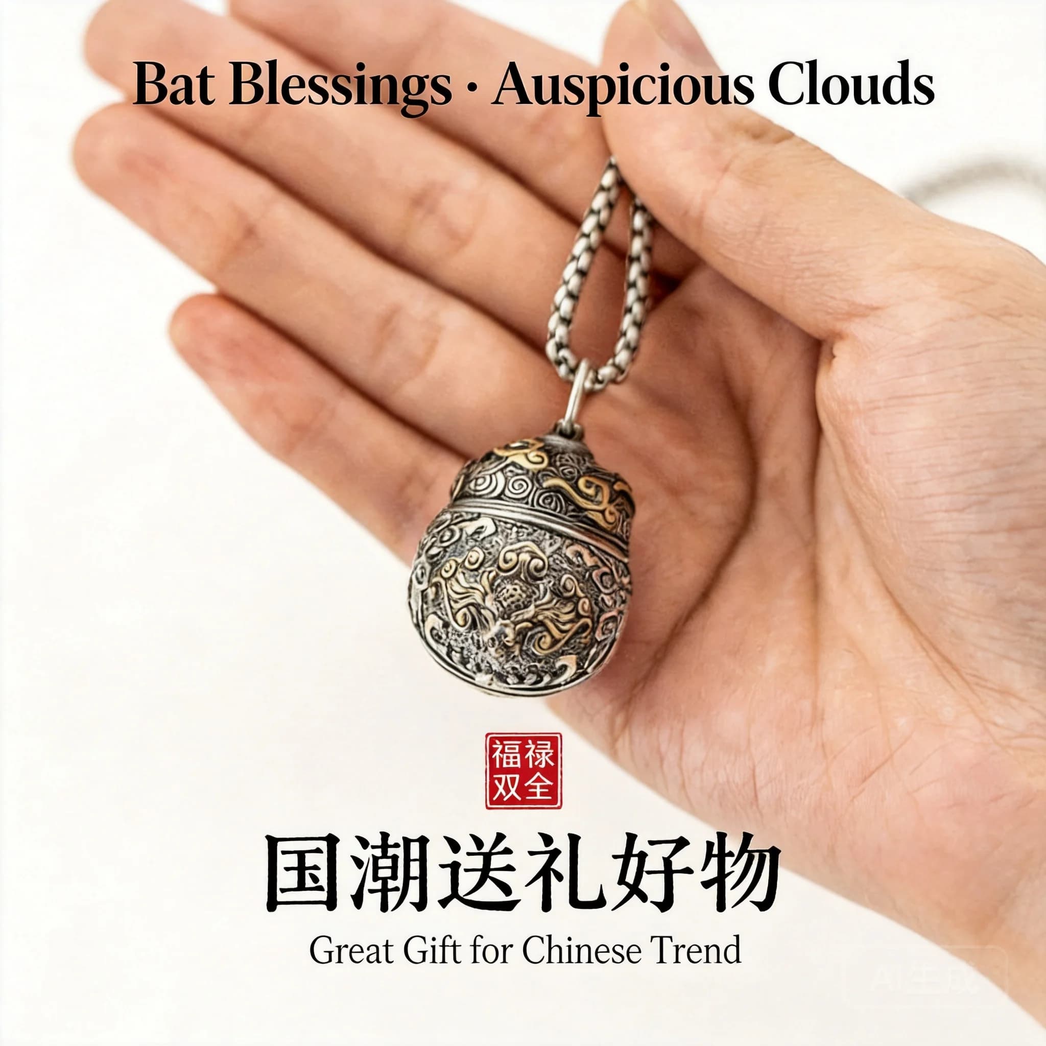 Traditional Chinese Tibetan Style White Copper Silver Plated Bat Blessing Bell Pendant Lucky Wealth Attracting Auspicious Charm