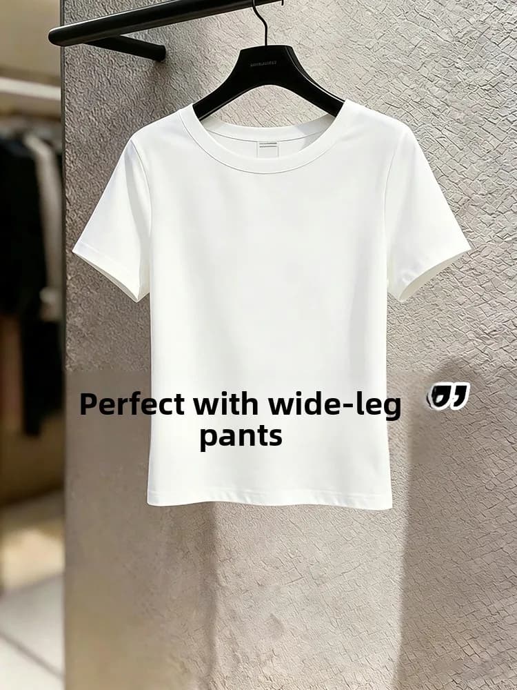 White Short Sleeve T-Shirt Women Summer Casual round Neck Base Shirt Slimming Versatile Innerwear Outerwear for All Body Types