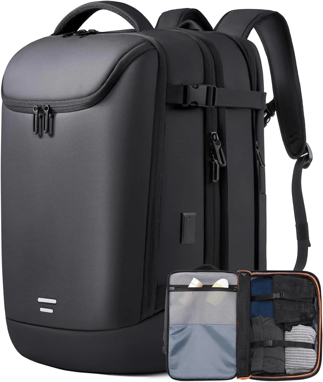 Zaino da viaggio espandibile da 50 litri, approvato per il volo, per laptop da 17,3 pollici, con ricarica USB, resistente all'acqua, bagaglio a mano da lavoro per donna e uomo