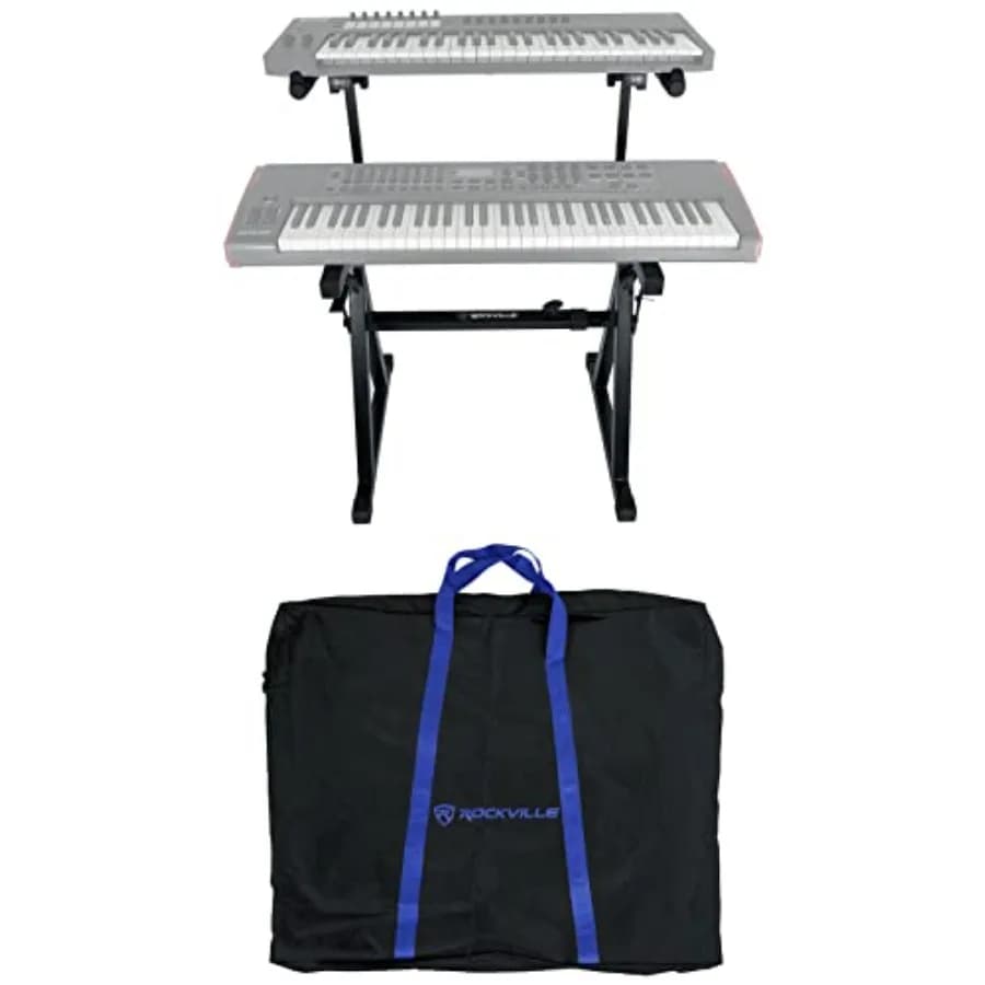 Supporto per tastiera Rockville Z55 Z-Style a 2 livelli con borsa, gancio per cuffie, portatile, robusto, regolabile in altezza e larghezza, adatto per tastiere da 54/61/76/8 tasti