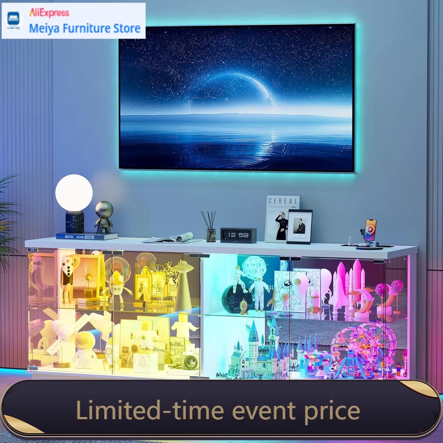 Vetrina Illuminata con Porta in Vetro da 59 Pollici, Armadio Espositivo con Sensore di Movimento e Luci RGB per Oggetti da Collezione, Soggiorno, Credenza