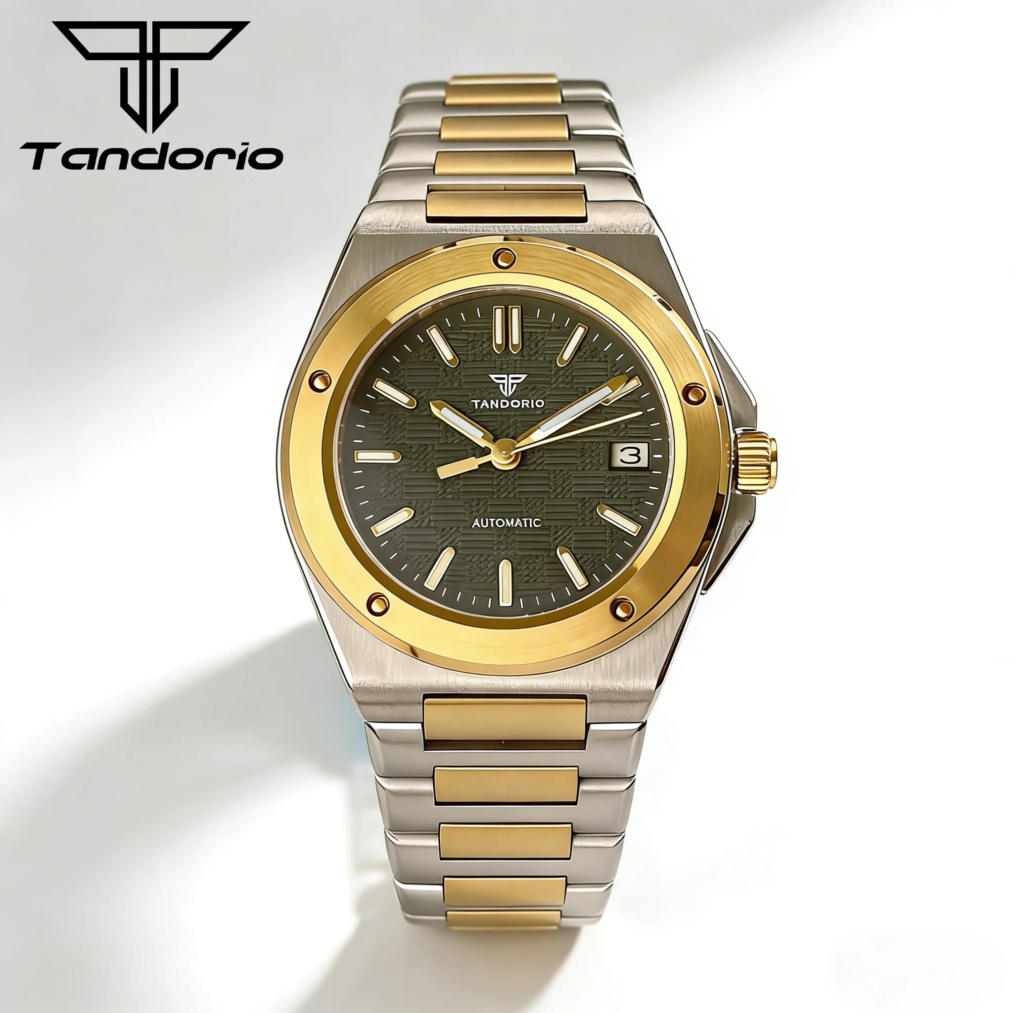 Tandorio New 40mm Two Tone Gold Case 200M Diving Japan NH35A Automatic Men Watch Sapphire Glass Wristwatch Steel Bracelet