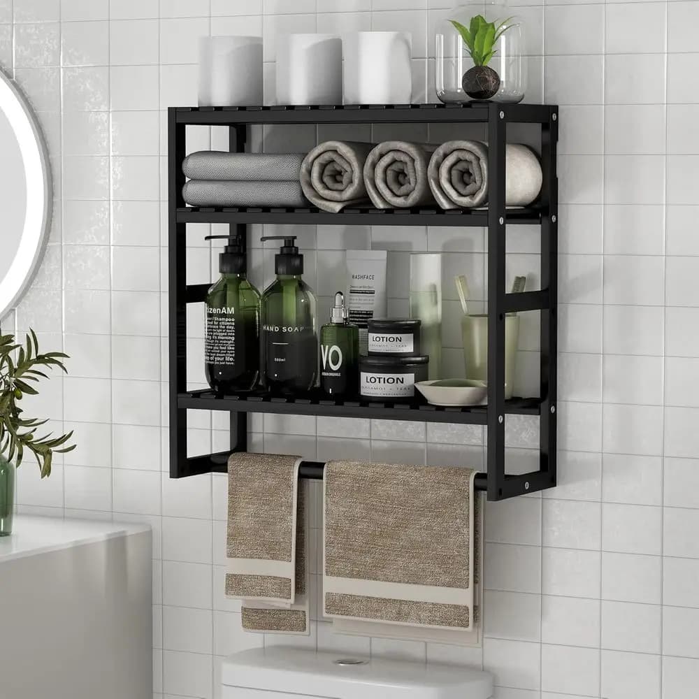 Bamboo Adjustable Height Over-the-Toilet Storage Shelf with Towel Bar for Compact Spaces