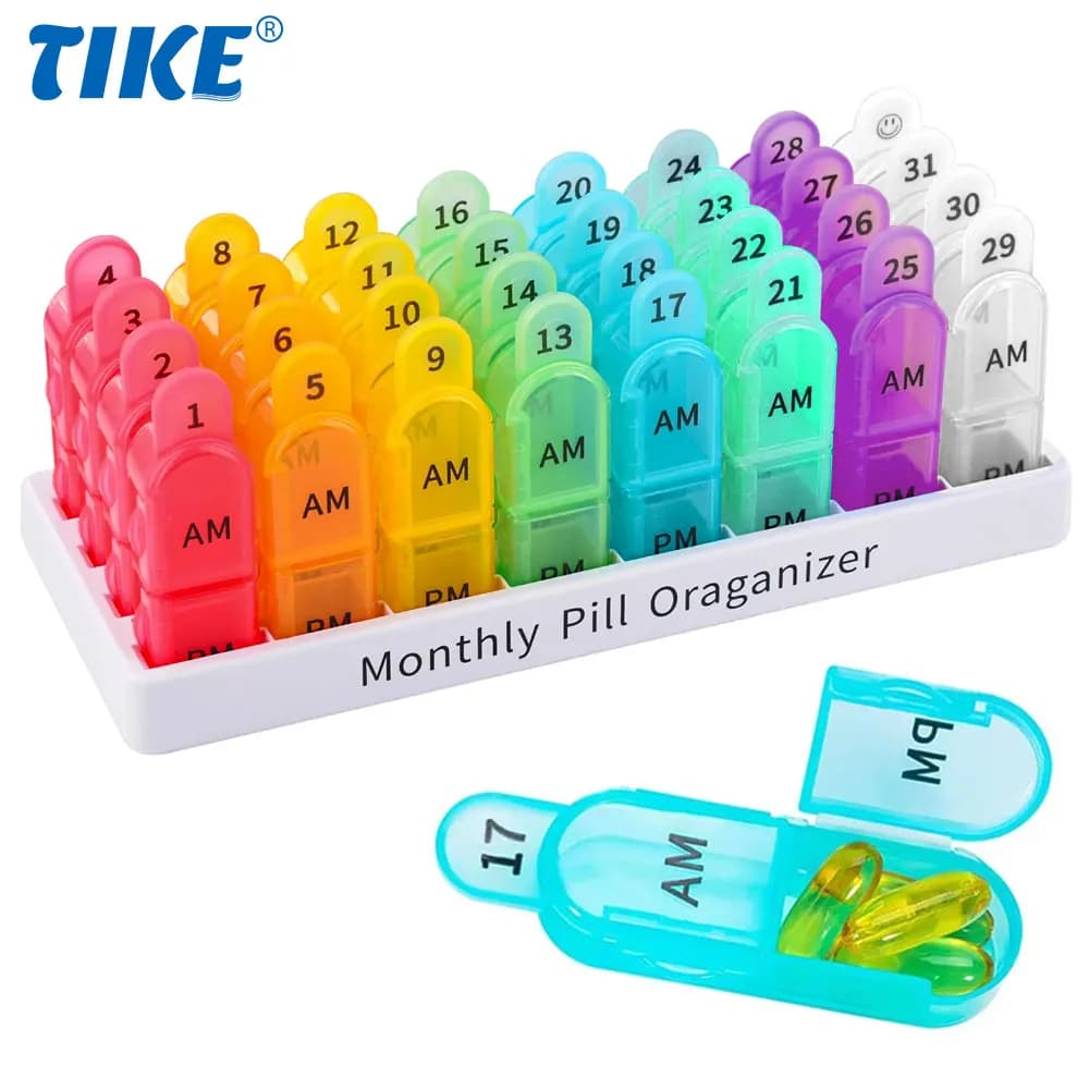 AM/PM monthly pills 2 times a day, pill holders with safe lids, big compartments for vitamins, supplements, drugs