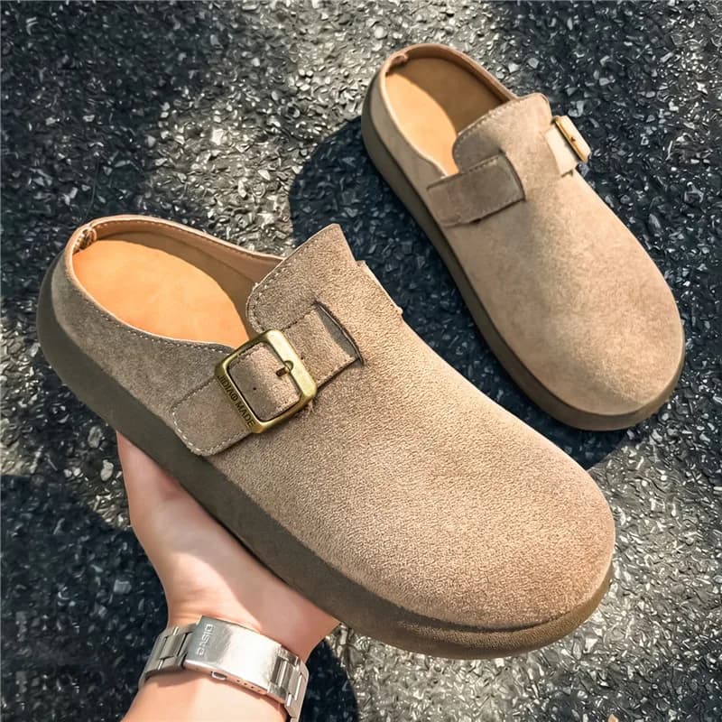 TRAKKER Mules Vintage in Pelle Scamosciata con Suola Spessa, Ciabatte Casual da Uomo con Lacci, Comodi Mocassini con Plateau per l'Uso Quotidiano