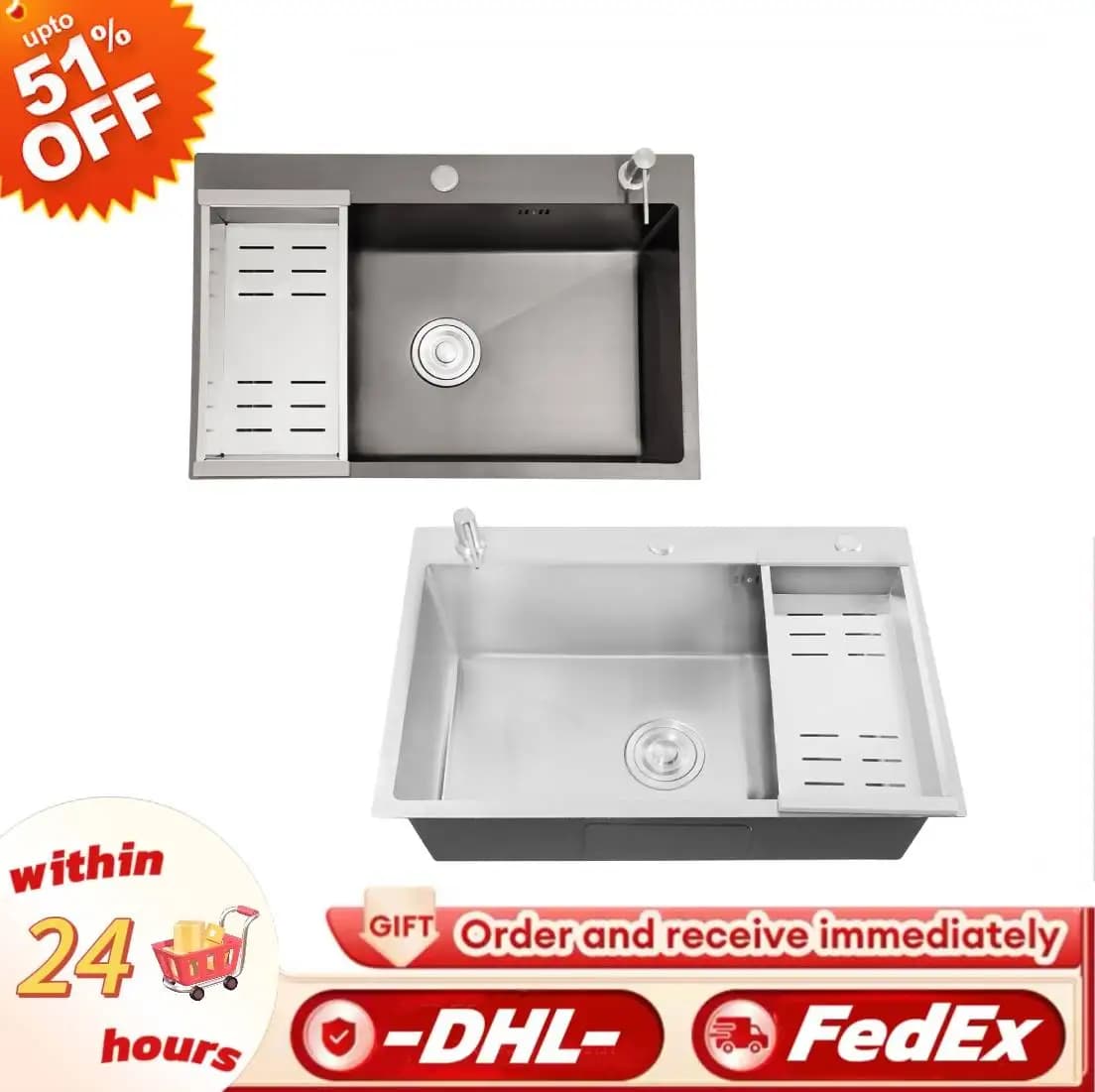Lavello da cucina in acciaio inox, lavapiatti con dispenser per sapone, cestello di drenaggio, lavello da cucina senza rubinetto