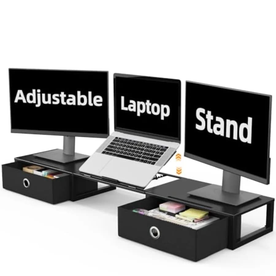 Supporto per Monitor con Rialzo Regolabile, Supporto per Laptop in Acciaio, Supporto per Due Monitor con Due Cassetti per 2 Schermi Desktop O