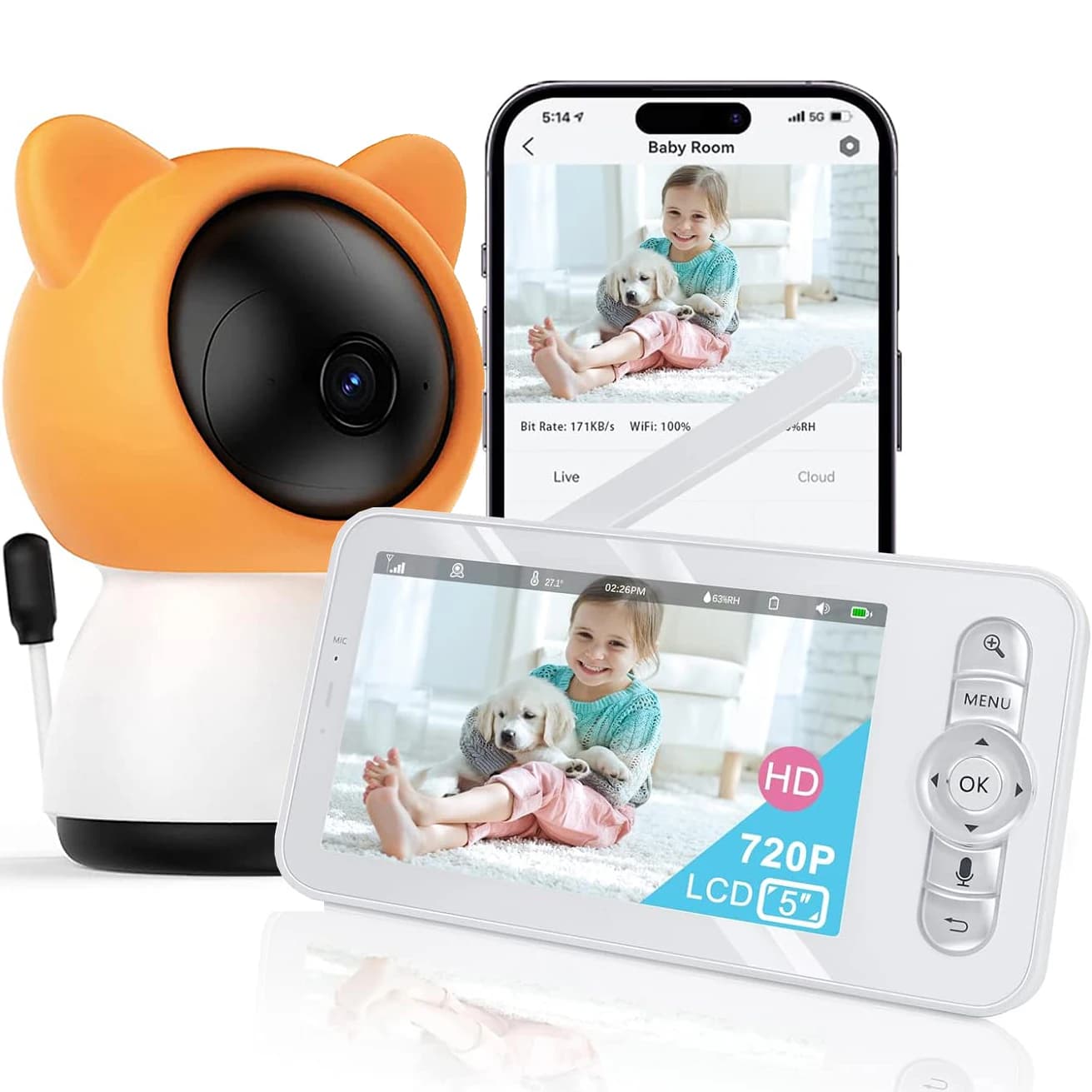 Baby monitor wireless da 5 pollici 2K/3MP, app per smartphone, visione notturna IR, rilevamento del pianto, tracciamento automatico, sensore di temperatura e umidità