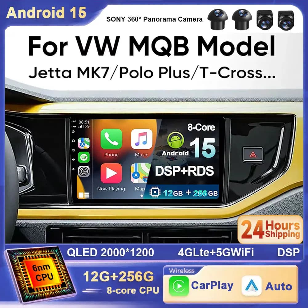 Android 15 Auto Radio per VW Volkswagen MQB Polo Plus/T-Cross/Zoals T-Kruis/T-Roc Carplay 4G Auto Multimedia Navigazione GPS