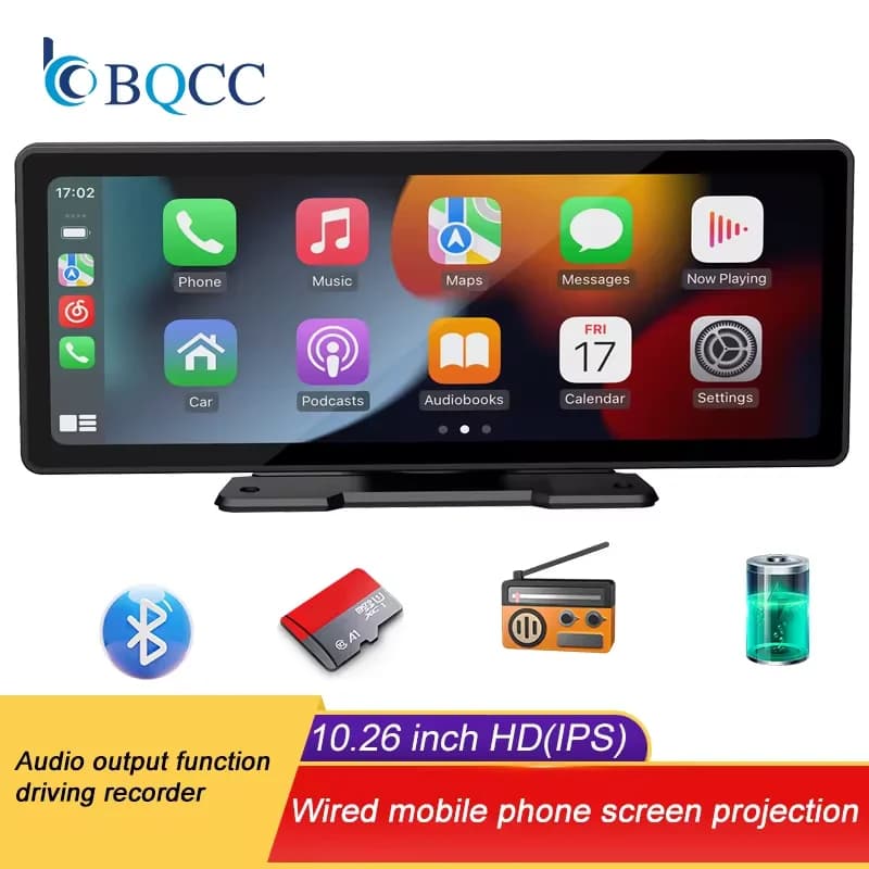 BQCC Schermo Carplay Wireless portatile da 10.26 pollici HD Telecamera di retromarcia posteriore Autoradio DVR MP5 Lettore video multimediale Android Auto