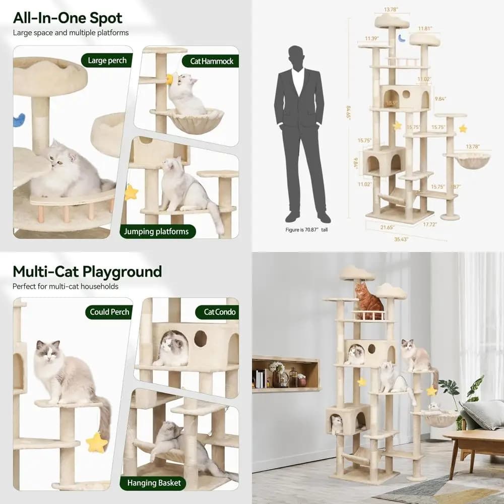 Grande albero per gatti da interno con tiragraffi, posatoi, amache e condotti accoglienti per gatti giganti, beige