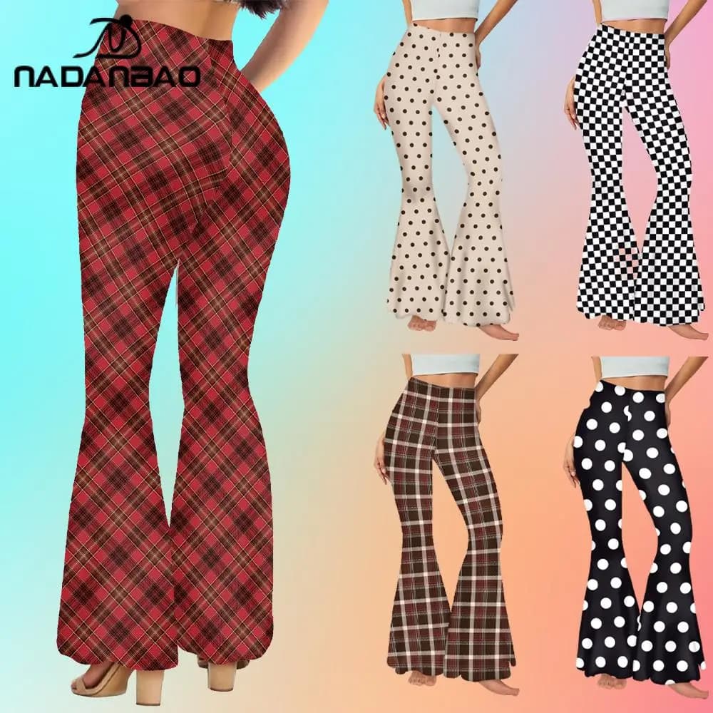Nadanbao Pantaloni a gamba larga da donna Stampa a griglia a pois Leggings da yoga Collant Pantaloni svasati per il tempo libero Allenamento Pantaloni a zampa d'elefante svasati lunghi
