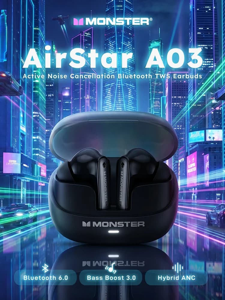 Monster Airstar A03 ANC Bluetooth 6.0 Headphones Punchy Deep Bass Sports Earphone Active Noise Cancellation TWS Wireless Earbuds