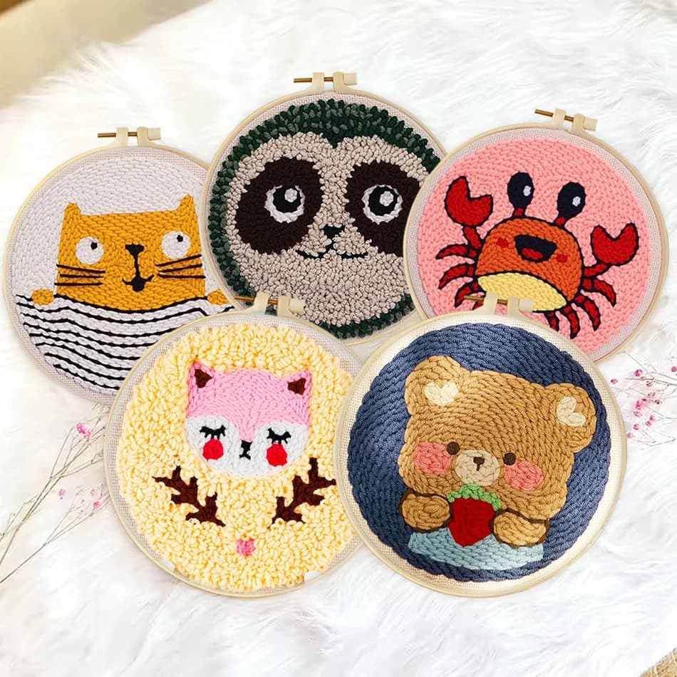 DIY Punch Needle Kits for Beginners Cartoon Animal with Hoop Punch Needle Starter Kit Embroidery Set Needlework DIY Craft
