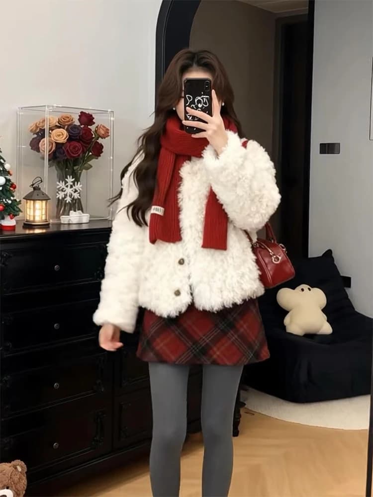 Christmas Atmosphere Lamb Velvet Jacket Women's Knitted Sweater Plaid Skirt Set Short Korean Style Loose Fit Fashion