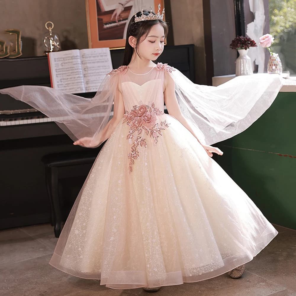 3-10T Ragazza Luce di Lusso Stile Fata Abito da Principessa Tulle Drappeggio Appliques Per Bambini Pianoforte Prestazioni Festa di Compleanno Vestido