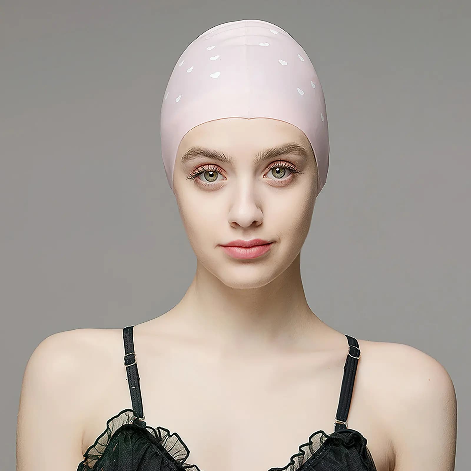 Pink silicone swim cap, waterproof, elastic, for long hair, ear protection, heart pattern, light, comfortable, unisex