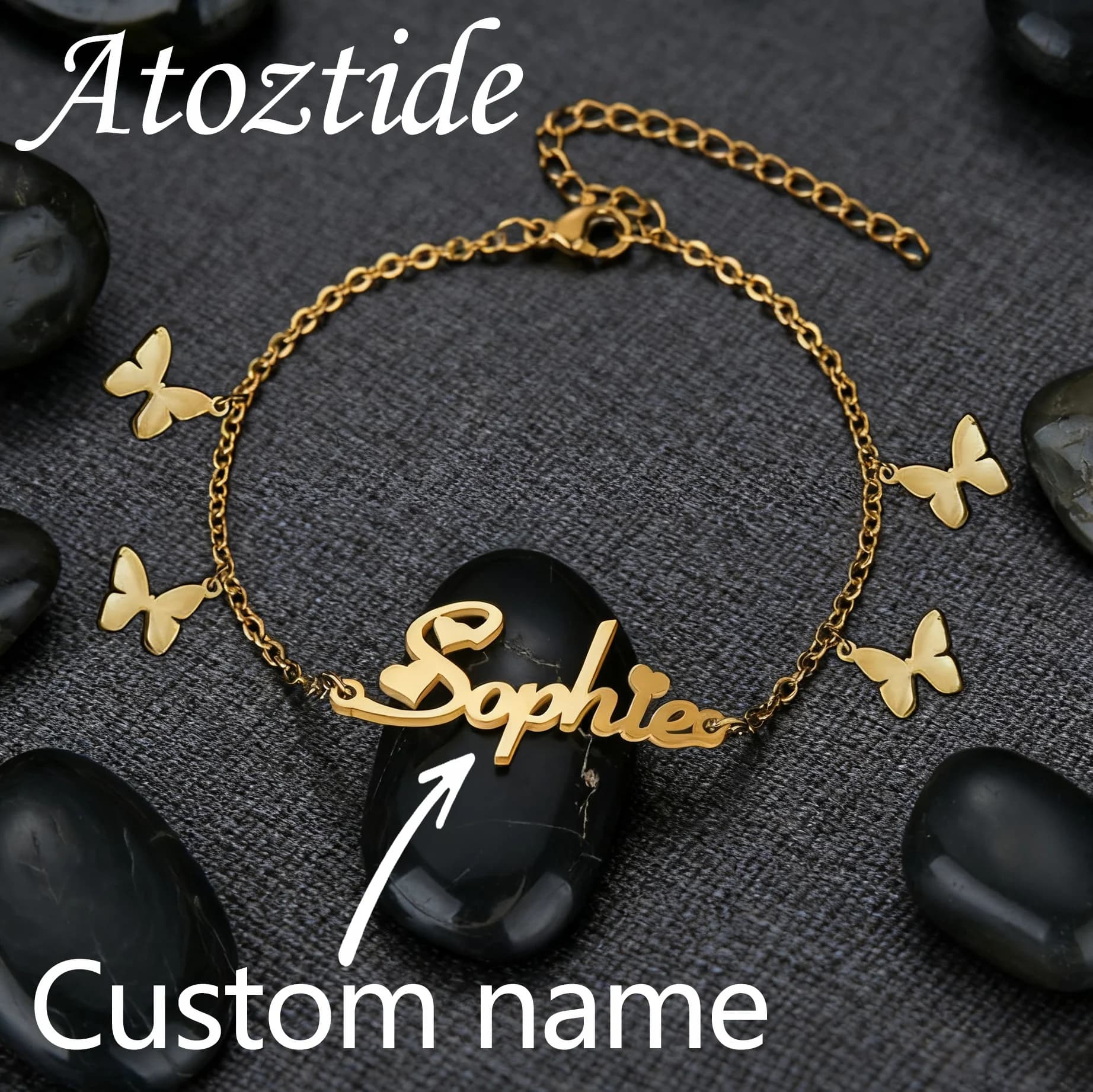 Atoztide Bracciale con nome personalizzato con cuore, farfalla, stella su catena, gioielli in acciaio inossidabile per donna, regalo di Natale personalizzato