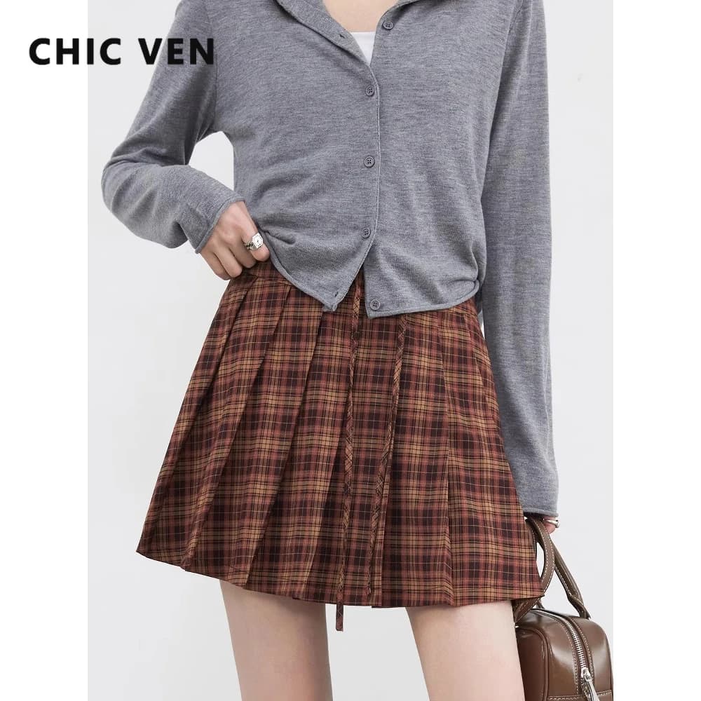 CHIC VEN Gonne da donna coreane Una linea allentata Nuova vita alta con coulisse Design Plaid Office Lady Gonna a pieghe femminile Estate 2025