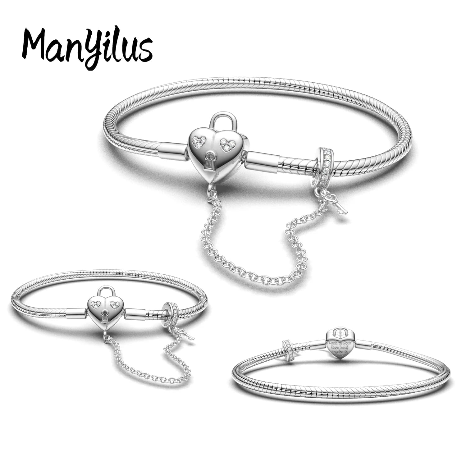 Manyilus 925 Sterling Silver Heart Lock Snake Chain Bracelet Fits European Charm Clear Stone Bangle Women Jewelry Gift