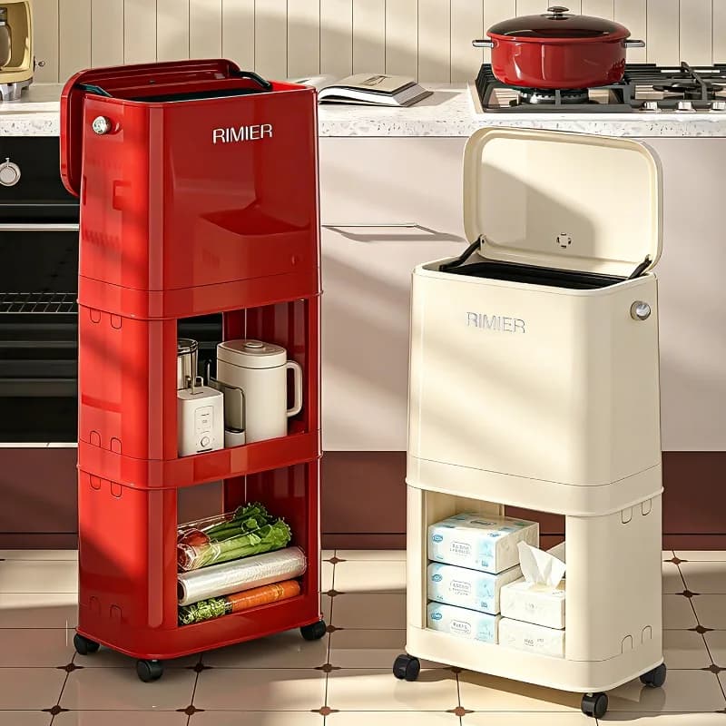 Multifunction Kitchen Trash Can Wheels Large Capacity Multi Layer Storage Movable Tall Bathroom Trash Can Trash Bin