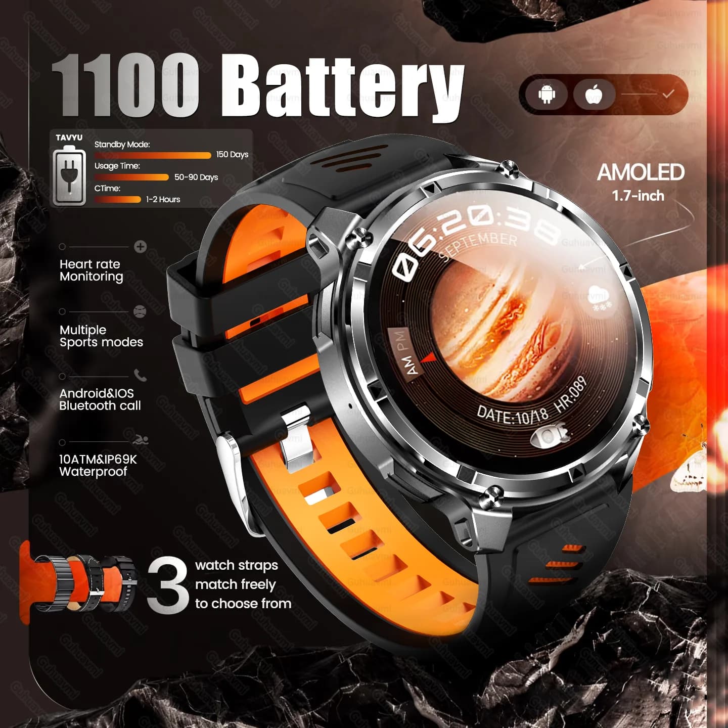 2025 Nuovo 1100mAh Batteria di Grandi Dimensioni Outdoor Astuto Della Vigilanza Degli Uomini GPS Bussola Frequenza Cardiaca 10ATM Impermeabile Chiamata Bluetooth Sport Smartwatch