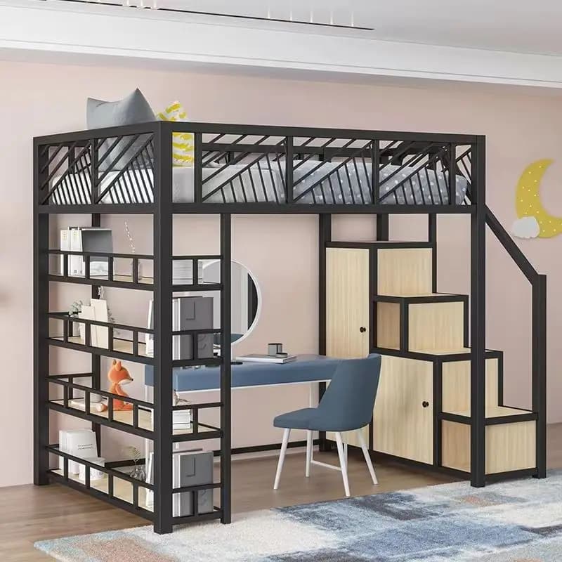 Vai a letto e uscire dal tavolo, lenzuolo rialzato in ferro battuto, letto a soppalco per piccolo appartamento sul piano superiore, semplice ferro salvaspazio