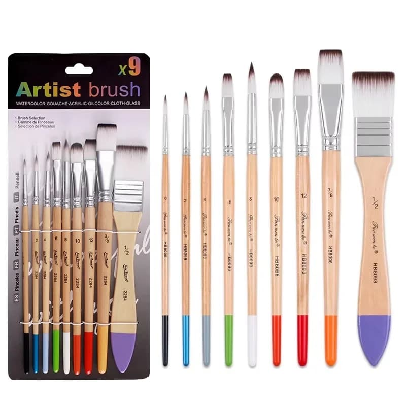 9pcs Artist Nylon Brush Set Wood Handle Beginner Professional Painting Watercolor Oil Acrylic Paint For Art School Tool Supplies