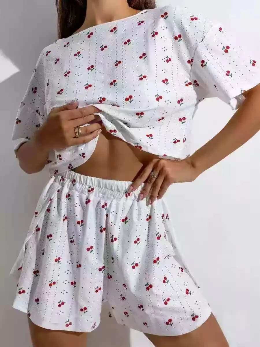Women Cherry Print 2 Piece Pajama Set Short Sleeve Round Neck Crop Top Elastic Waist Shorts Sleepwear Ladies Casual Home Loungew