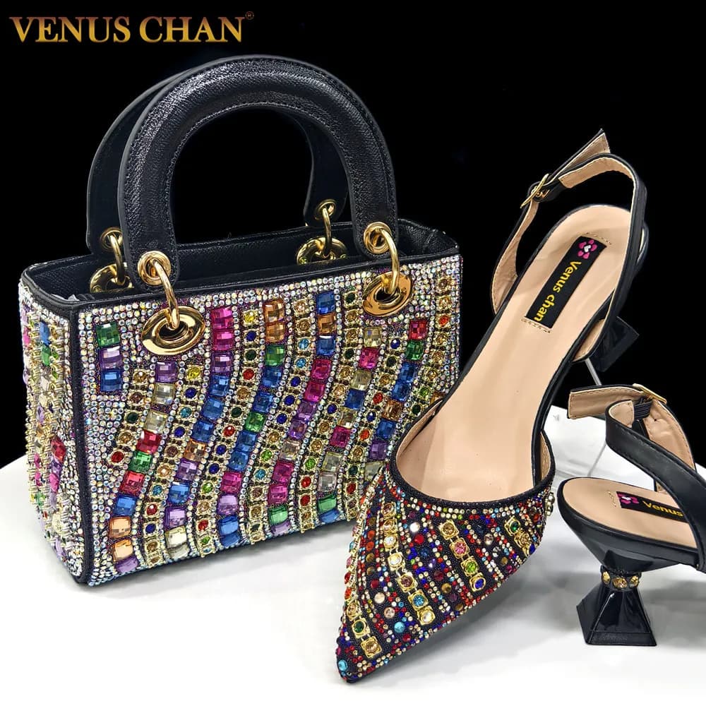 Venus Chan2025 Elegant set of bags with heel and multicolored rhinestones - Italian design for weddings and parties