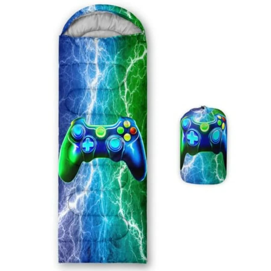 Sacco a Pelo Blu Gamepad per Gaming e Campeggio, Impermeabile, Leggero in Poliestere, Verde, Caldo con Clima Fresco, Traspirante in Clima Caldo