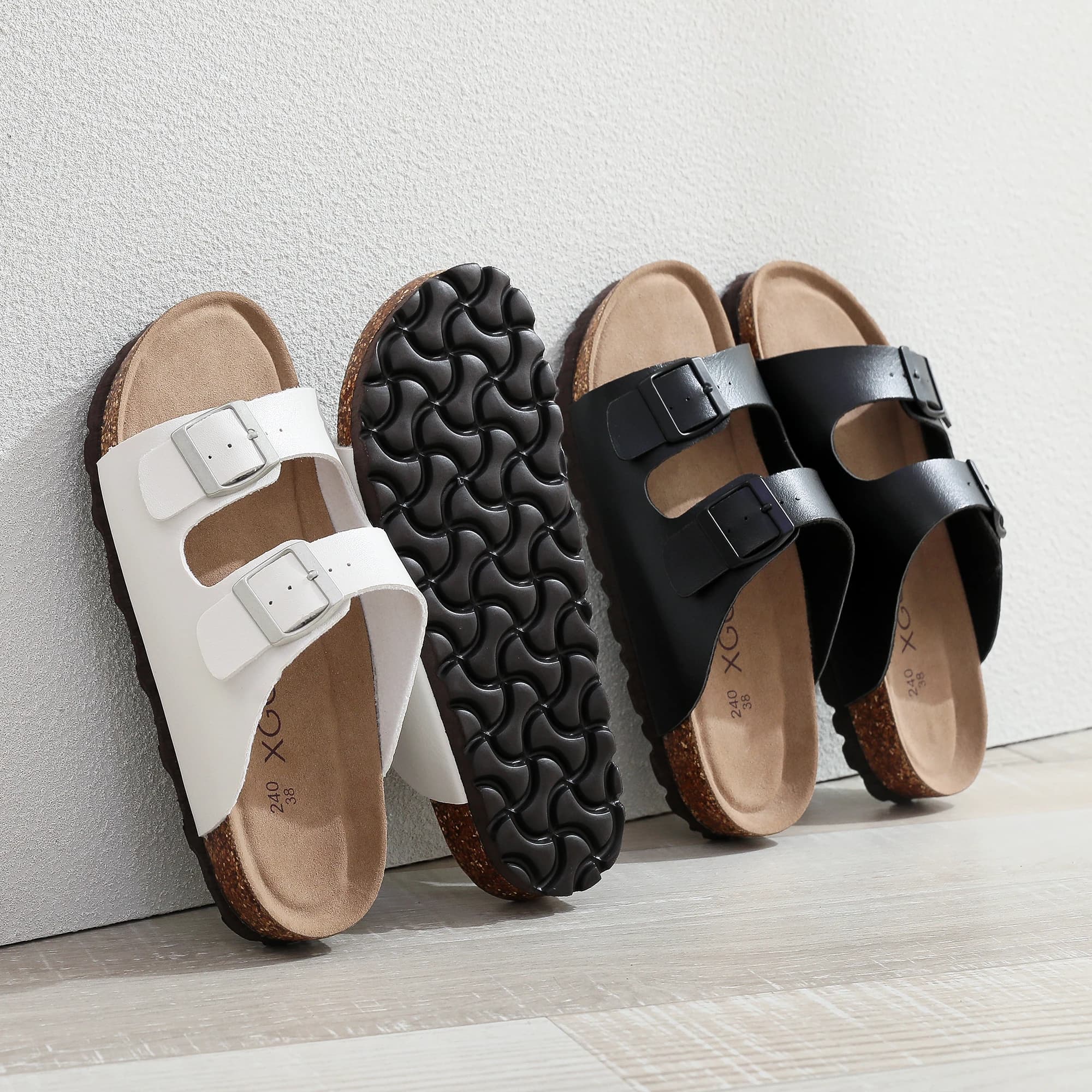 Birken Women's Flat Slide Sandals - Arch Support, 2 Strap, Cork Footbed, Non-Slip, Adjustable Buckle, All-Day Comfort