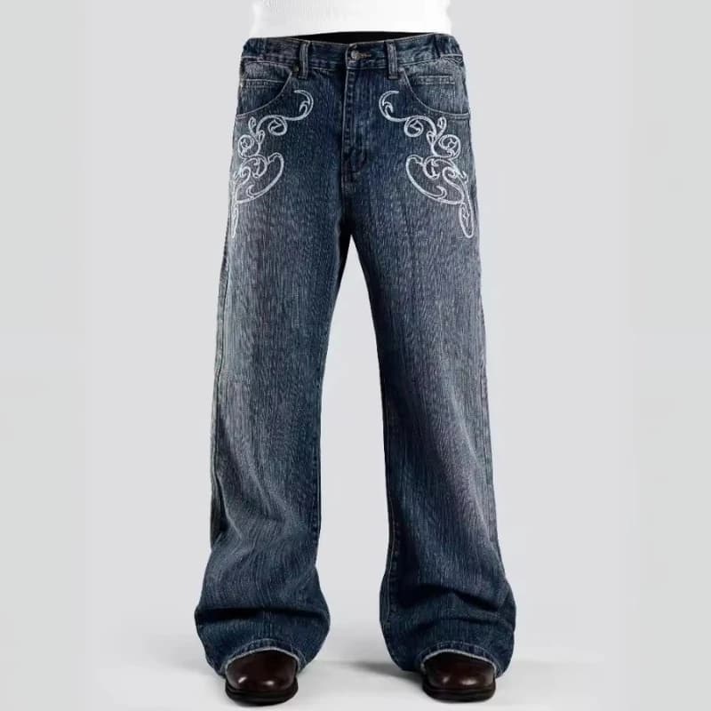 Retro Y2K 2 Pcs Set Street Style Suit Striped Collar Polo Jersey Top Embroidered Bootcut Denim Pants Unisex Casual Streetwear