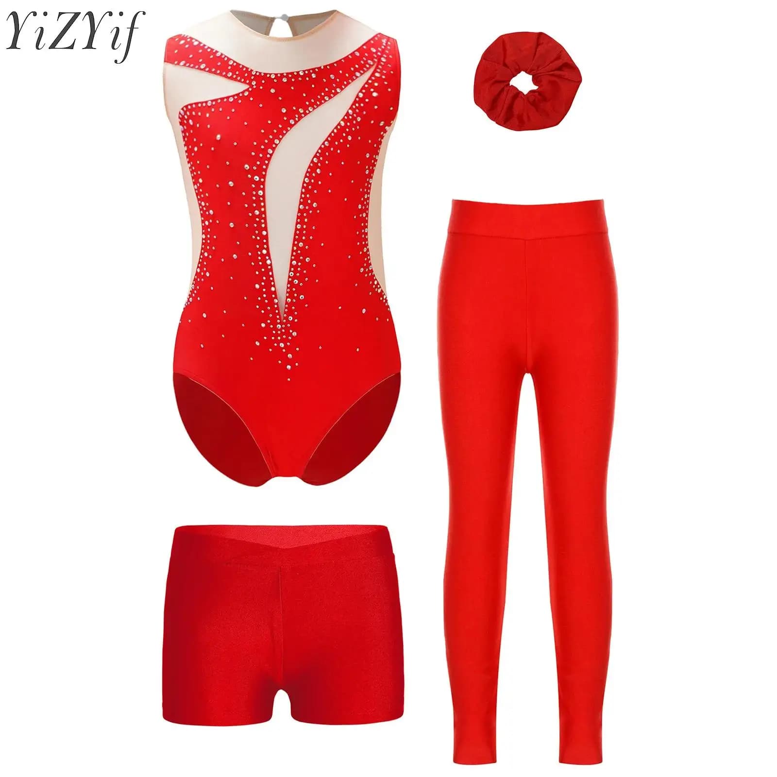 Set di danza classica per bambine, ginnastica, pattinaggio di figura, body con strass, con pantaloncini, leggings e copricapo