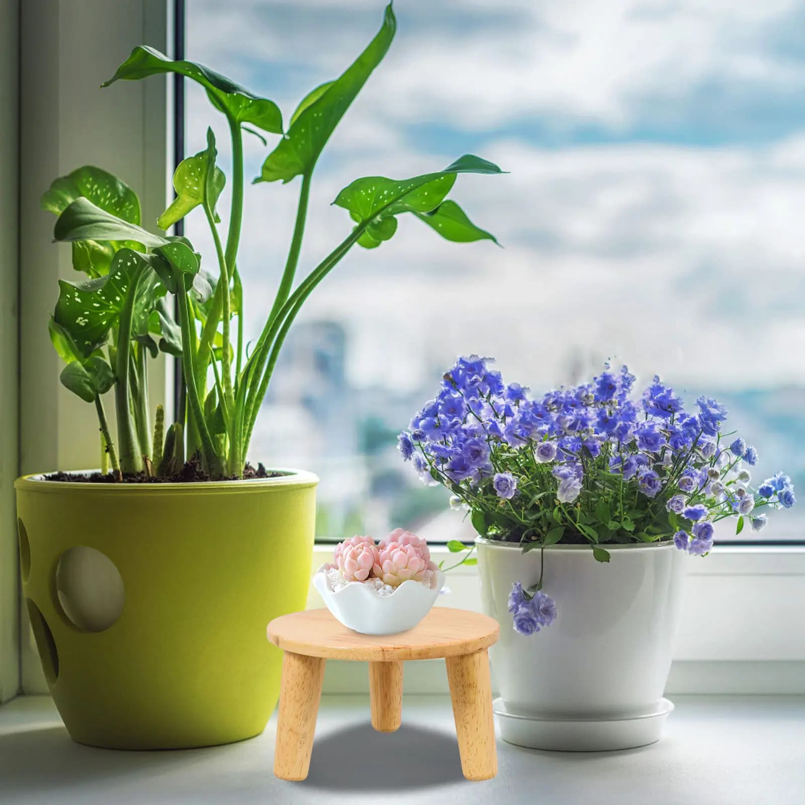 Wooden Plant Stool Round Flower Pot Holder Decorative Small Wood Riser Planter Stand Indoor Home Decor Plant Stool