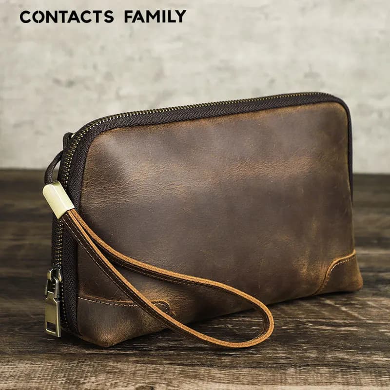 2026 Crazy Horse Leather Wristlet Bag – Handmade Retro Organizer Pouch for iPhone, AirPods, Charger & Cables, Multi-Compartment