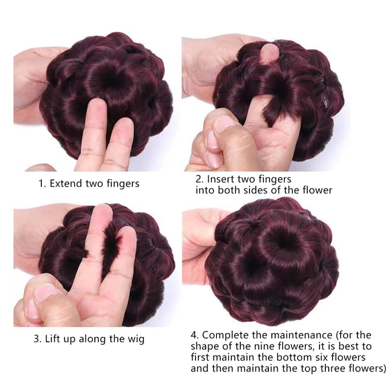 Panino per capelli sintetici da donna con nove fiori, borsa per parrucca, clip per artiglio, supporto per coda di cavallo, accessorio per lo styling del parrucchino realistico