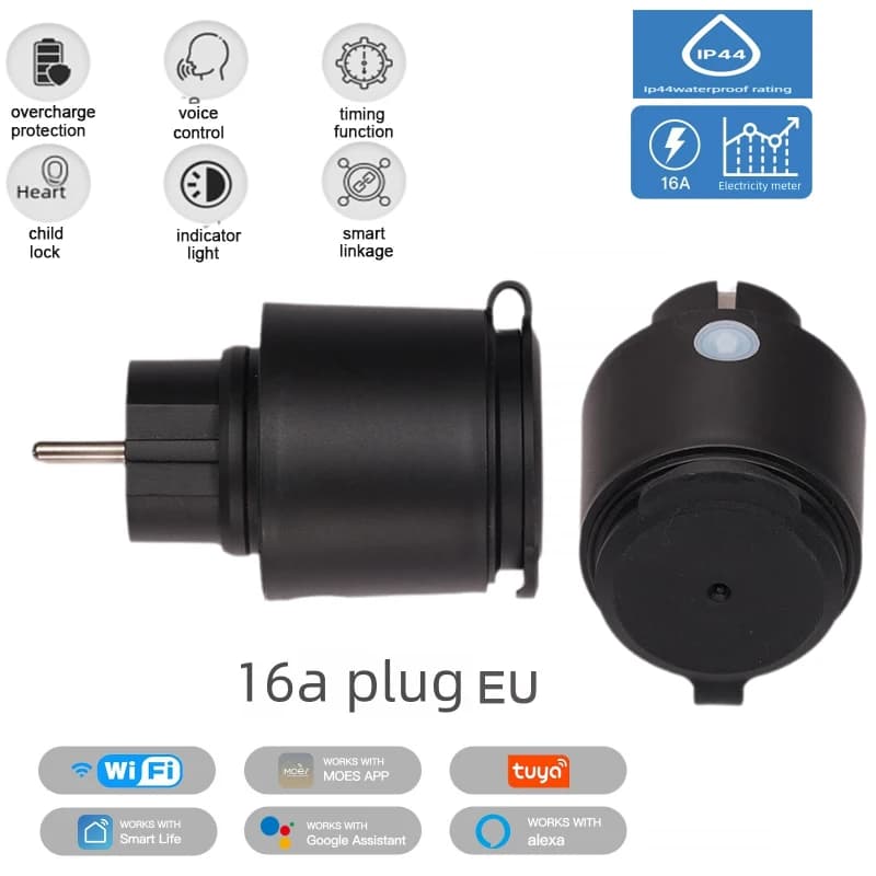 EU Black WiFi Tuya Smart Plug16A IP44 Waterproof APP Remote Timer with Power Monitoring Intelligent Power Socket Energy Monitor