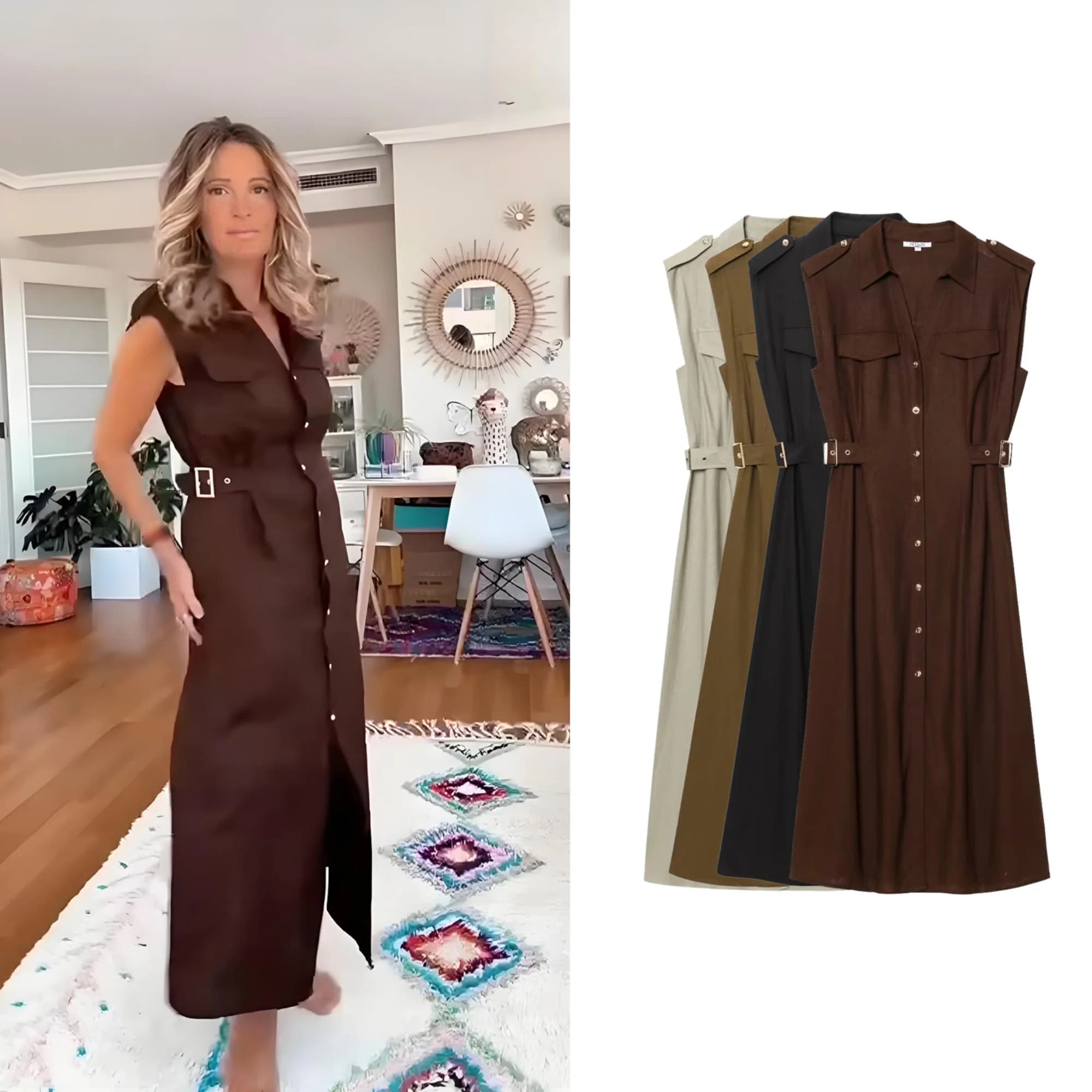 Women's Chemisier Dress Solid Color, Summer, Fashionable, With Rise, Sleeveless, Long, Simple, Single-breasted, With Decorative Belt