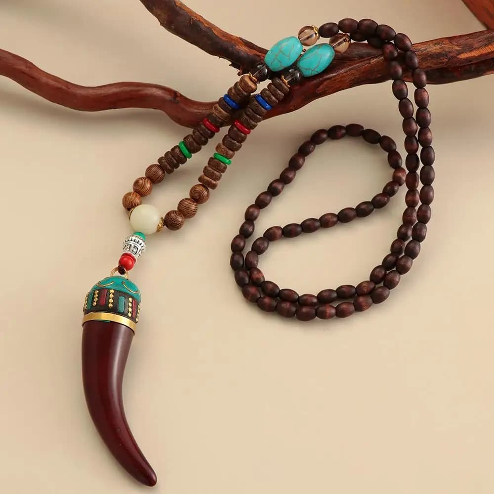 Vintage Lucky Gift Ethnic Jewelry Party Horn Fish Pendant Mala Wood Bead Nepal Necklace Buddhist Fashion Jewelry Accessories