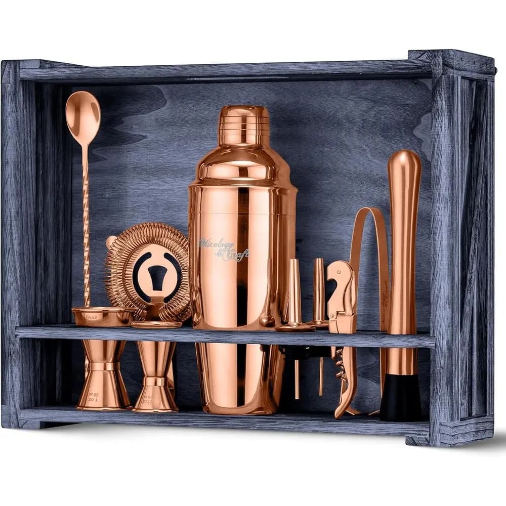 Set da Cocktail Premium in Rame da 11 Pezzi con Supporto in Legno | Kit Completo per Barman per Uomini e Donne | Essential Leak-Proof M