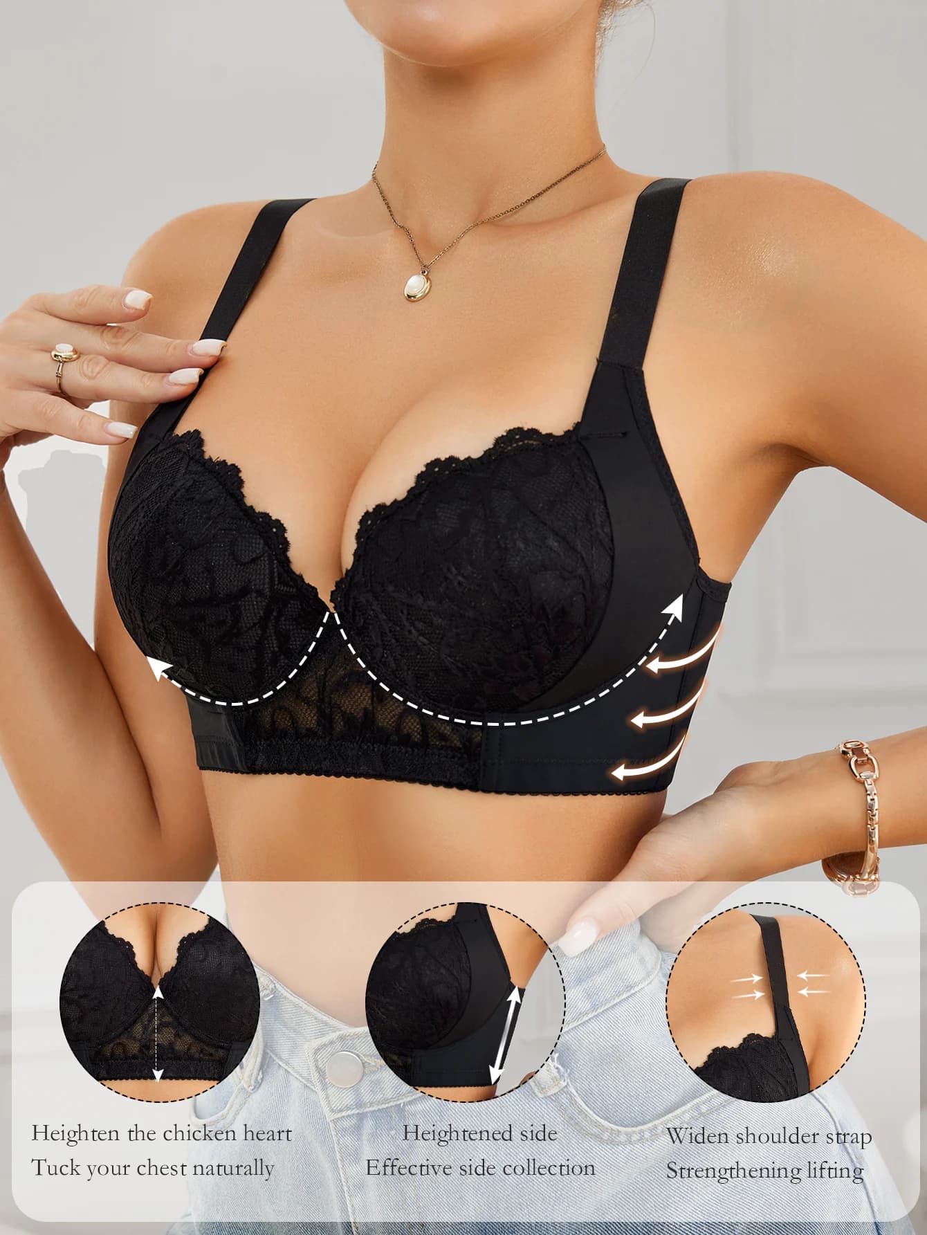 Floral Lace Women Bra Wide Side Support Underwire Push Up Bra Anti-Sag & Shape Retention Minimizer Comfortable Bra