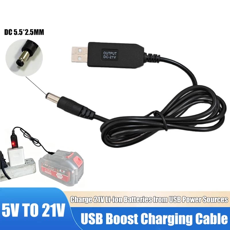 USB 5V to 21V Step-Up Battery Charger Cable 0.3A MAX for 18V/21V Lithium Battery Pack 5.5x2.5mm DC Connector with LED Indicator