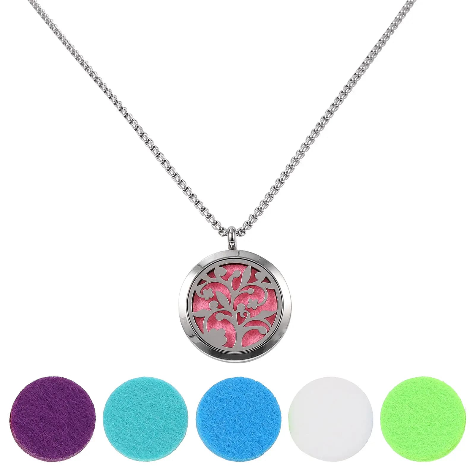 Collana per Oli Essenziali in Acciaio Chirurgico 316L, Diffusore per Aromaterapia, Ciondolo Semplice con Cuscinetto in Feltro Sostituibile, Design Chic a Forma di Albero