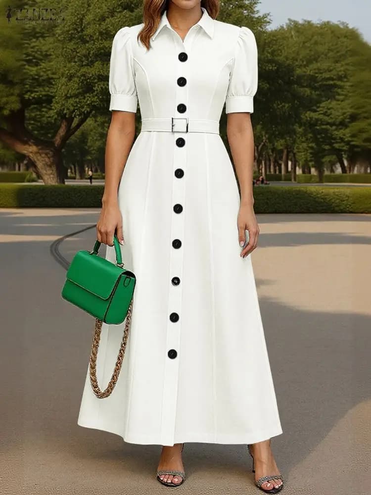 ZANZEA Elegante Abito Lungo da Festa con Cintura 2025 Donne di Estate Solido Manica Corta Maxi Abiti Moda Camicia da Sposa con Risvolto Veste