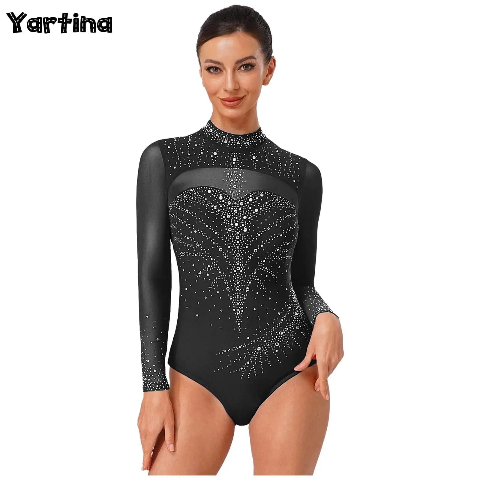 Ginnastica ritmica da donna Pattinaggio artistico di figura Maglia da balletto Costume da ballo Body con strass lucidi Tuta