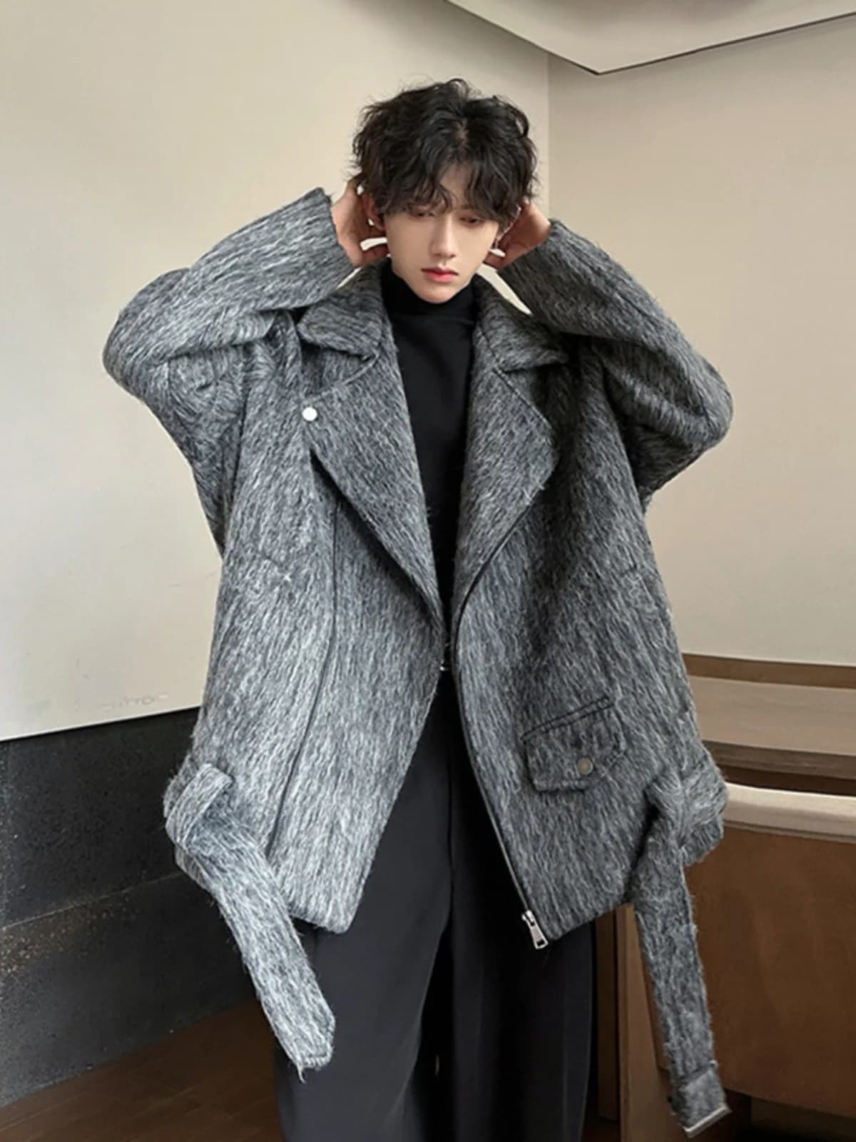 Grey Woolen Coat for Men Short Thick Autumn Winter Style American Design Sense Zipper Jacket Warmth Youth Fashion Loose Fit